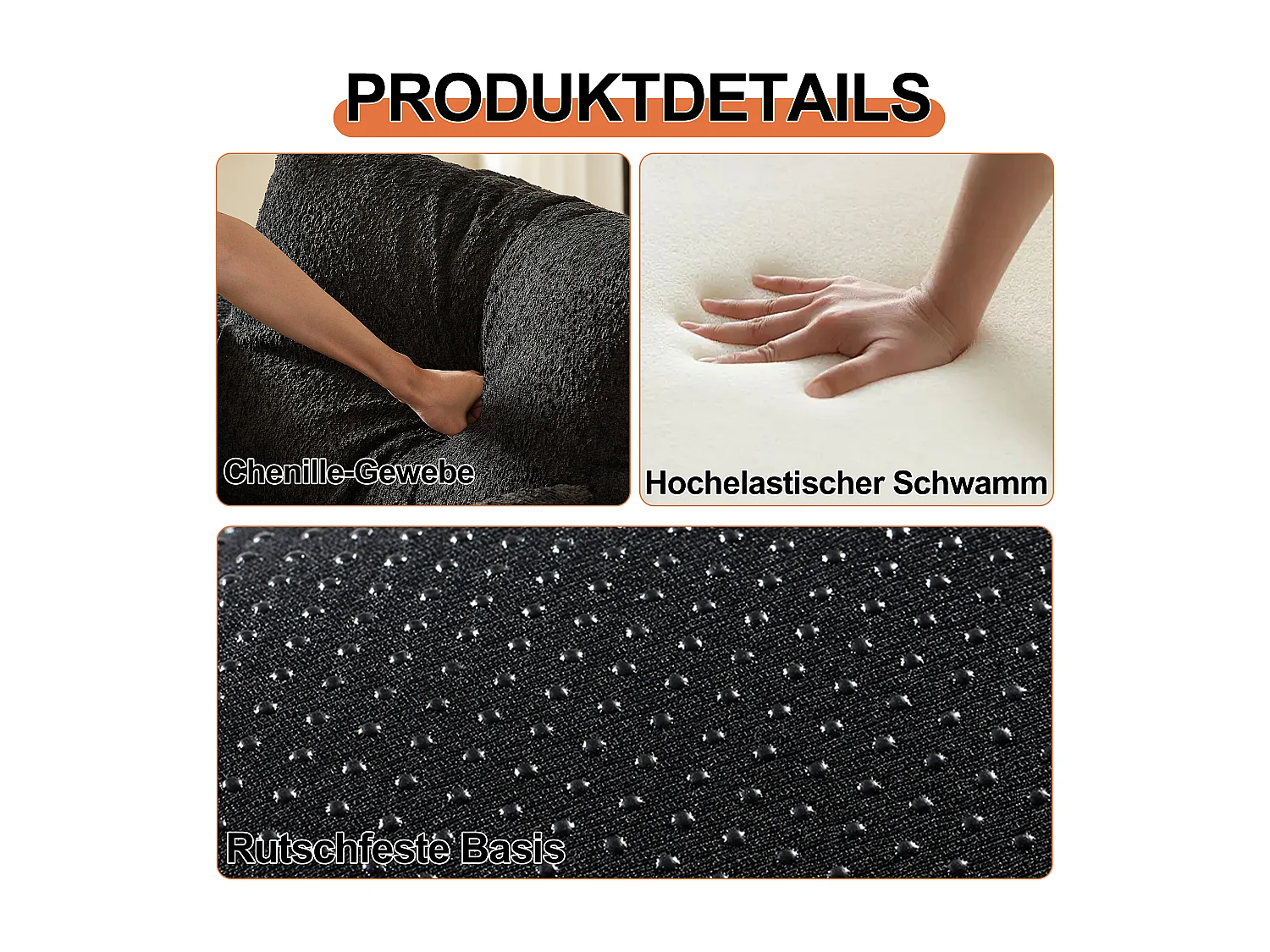 Canapé 3 places convertible express en tissu chenille noir -Combinaisons multiples