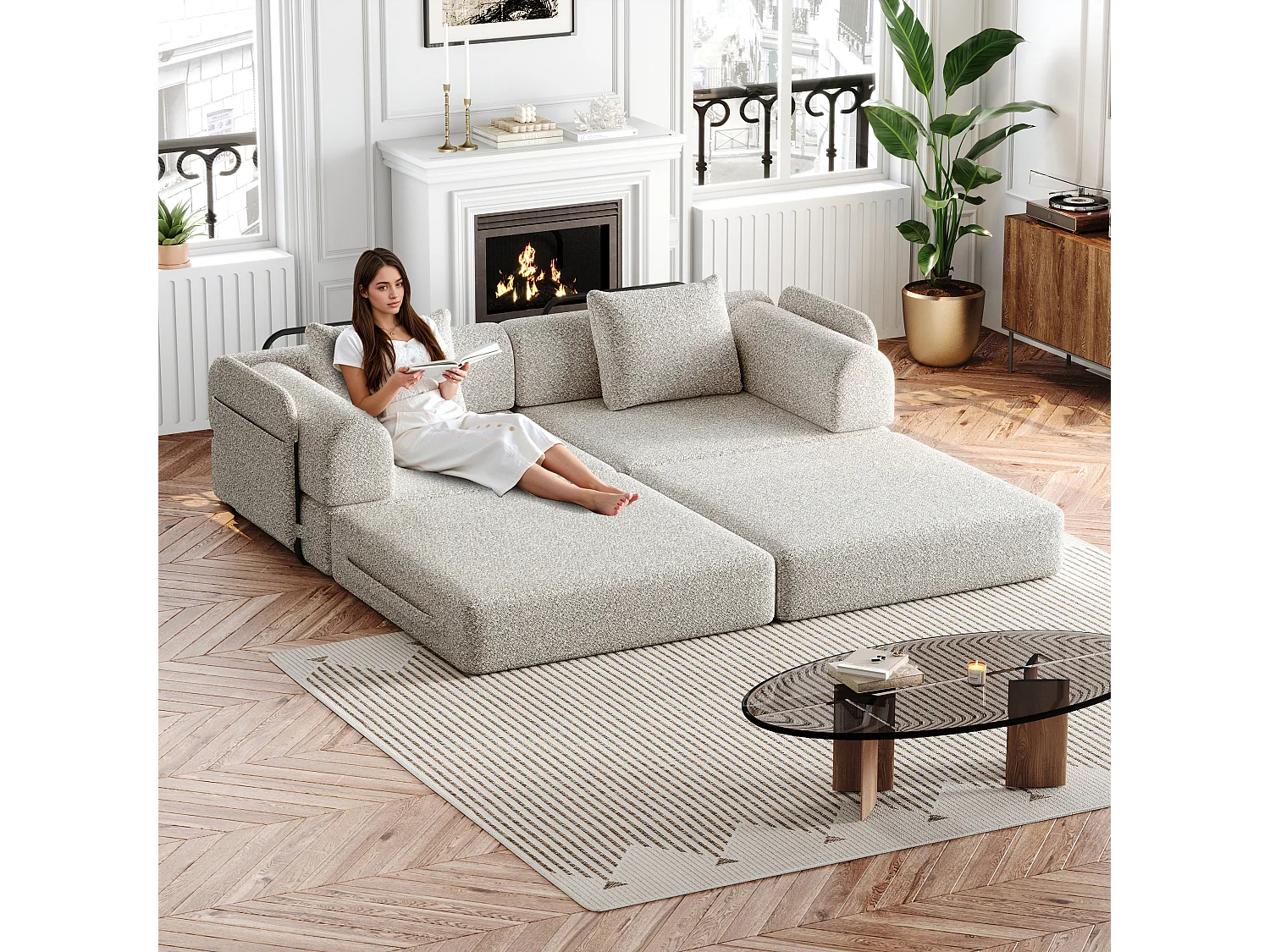 Canapé 2 places convertible express en tissu chenille kaki -Combinaisons multiples