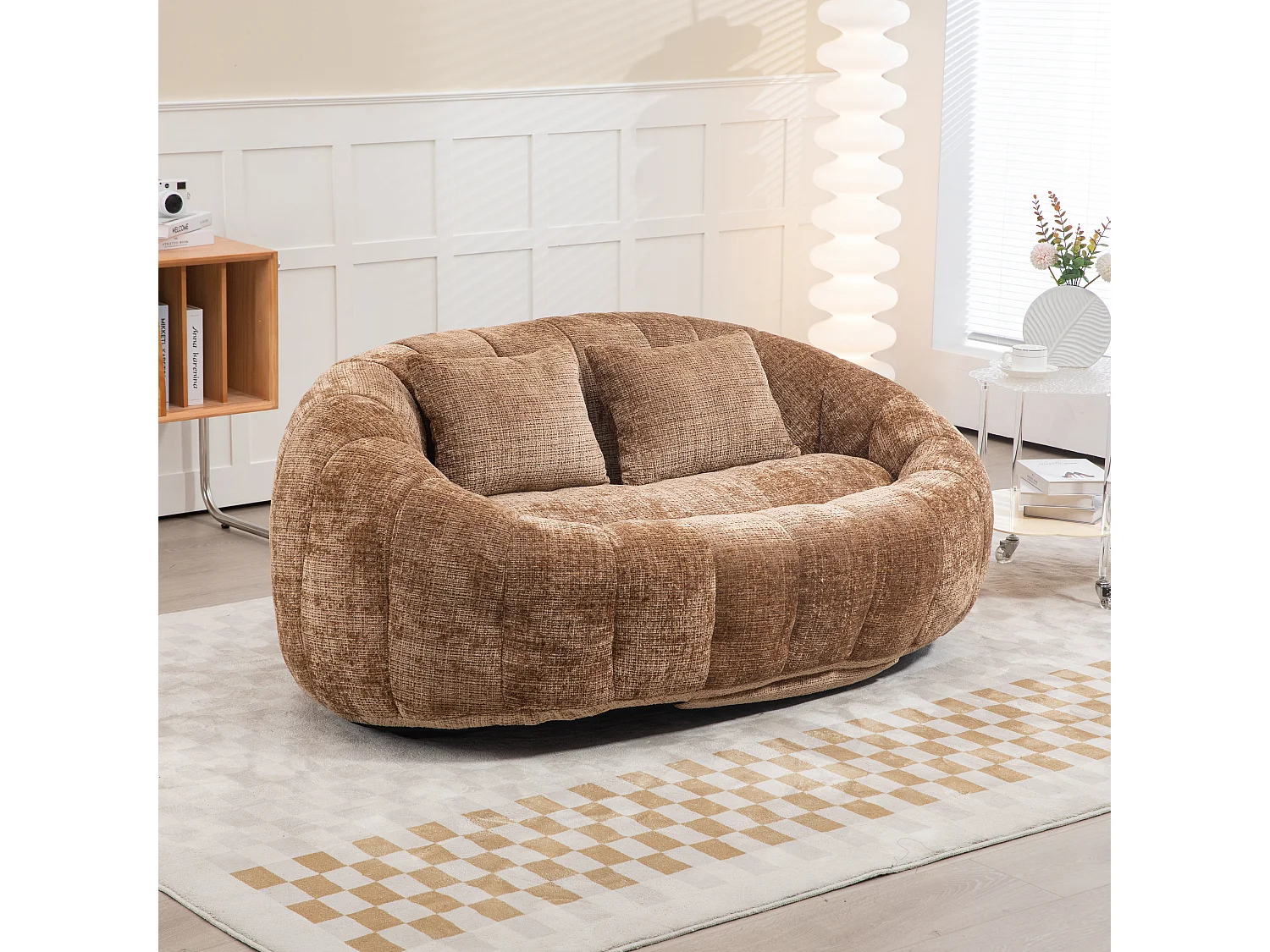 Canapé 2 places avec coussin - Canapé pour adultes et enfants- Tissu chenille café