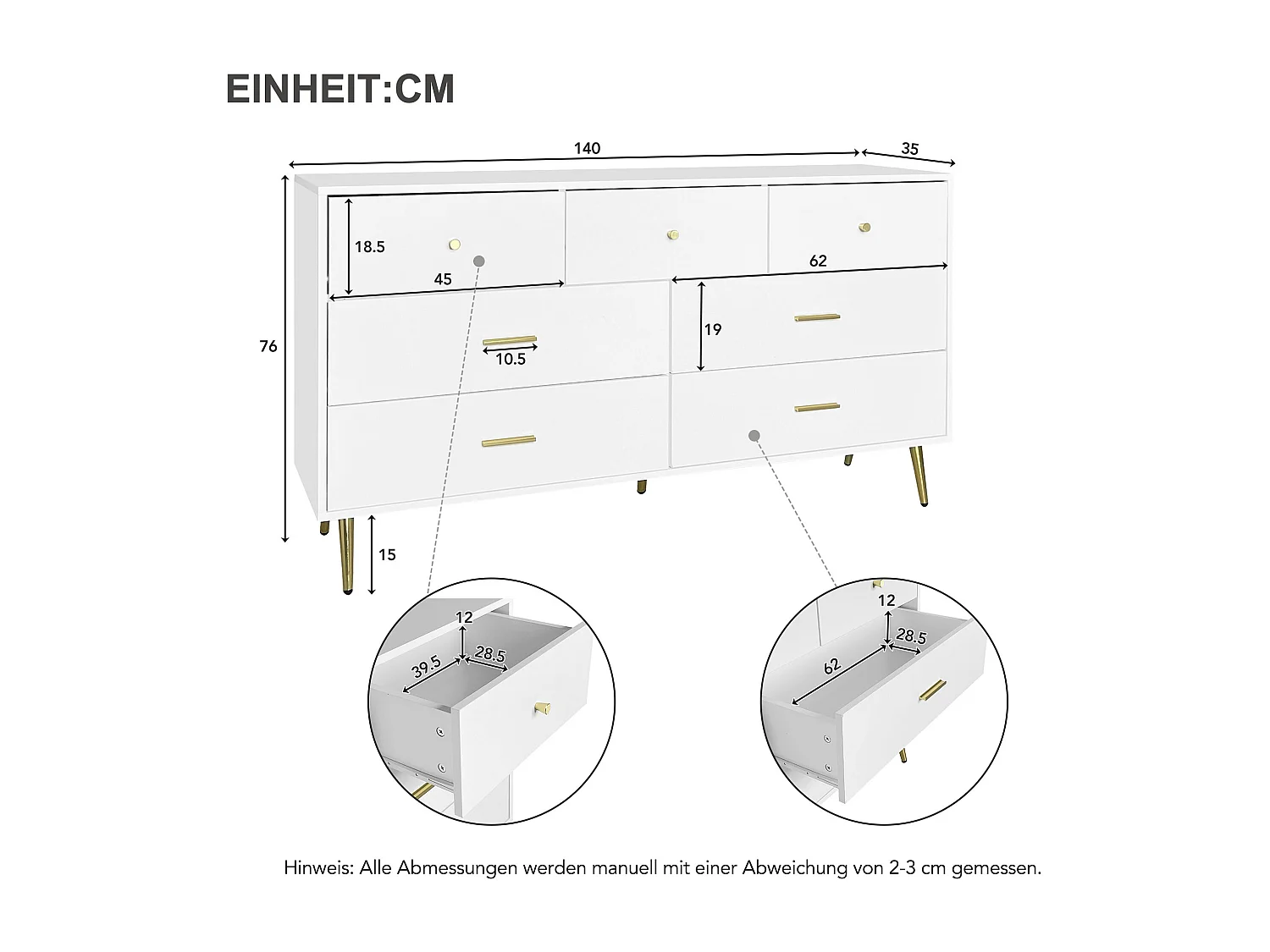 Commode avec 7 tiroirs - Poignées et pieds dorés - Bois blanc