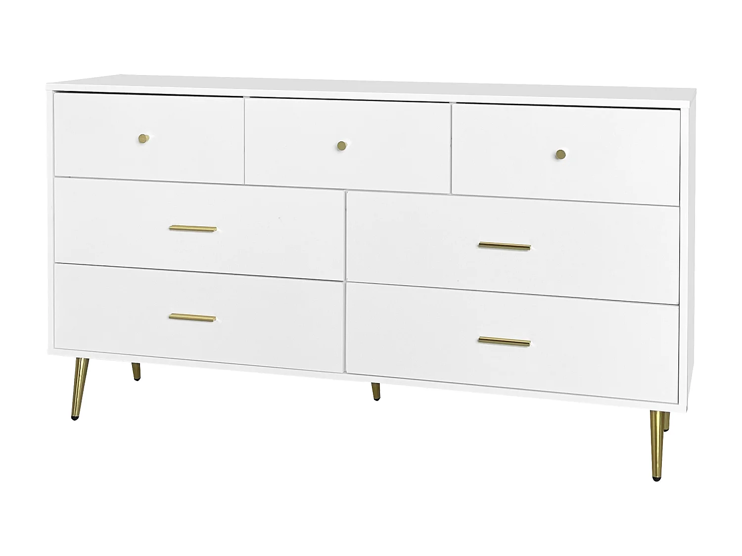 Commode avec 7 tiroirs - Poignées et pieds dorés - Bois blanc