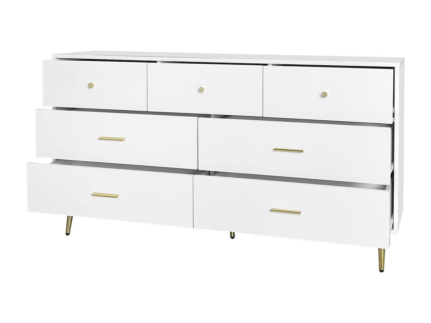 Commode avec 7 tiroirs - Poignées et pieds dorés - Bois blanc