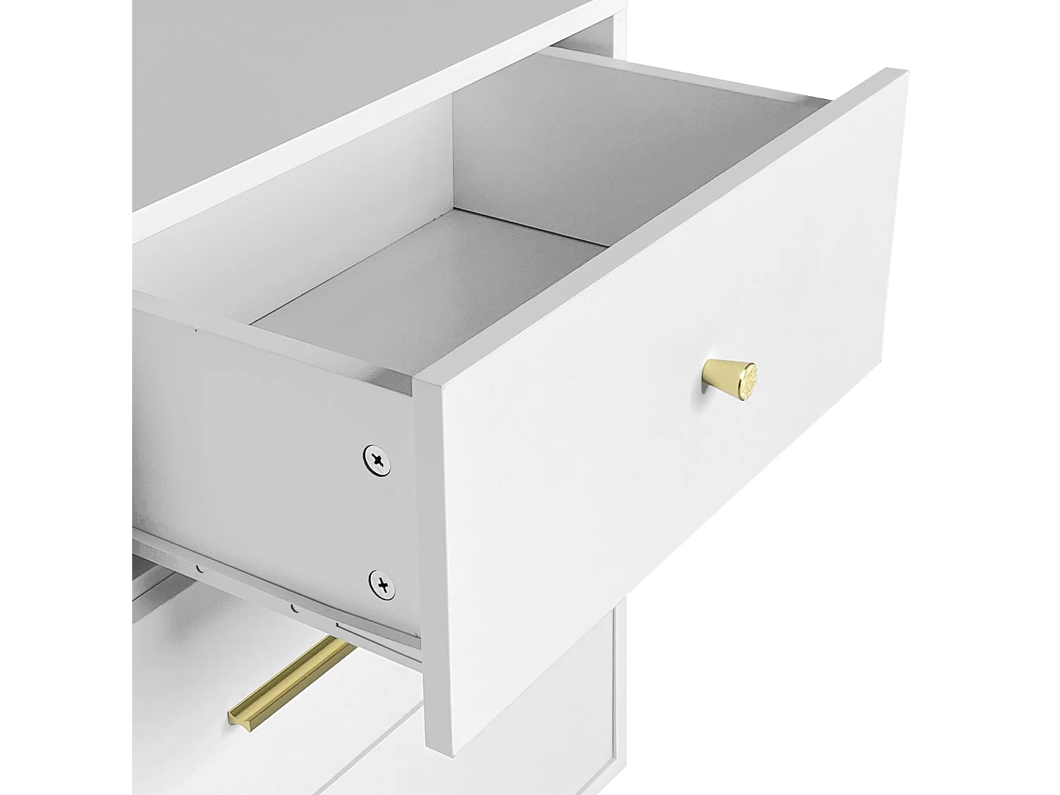 Commode avec 7 tiroirs - Poignées et pieds dorés - Bois blanc