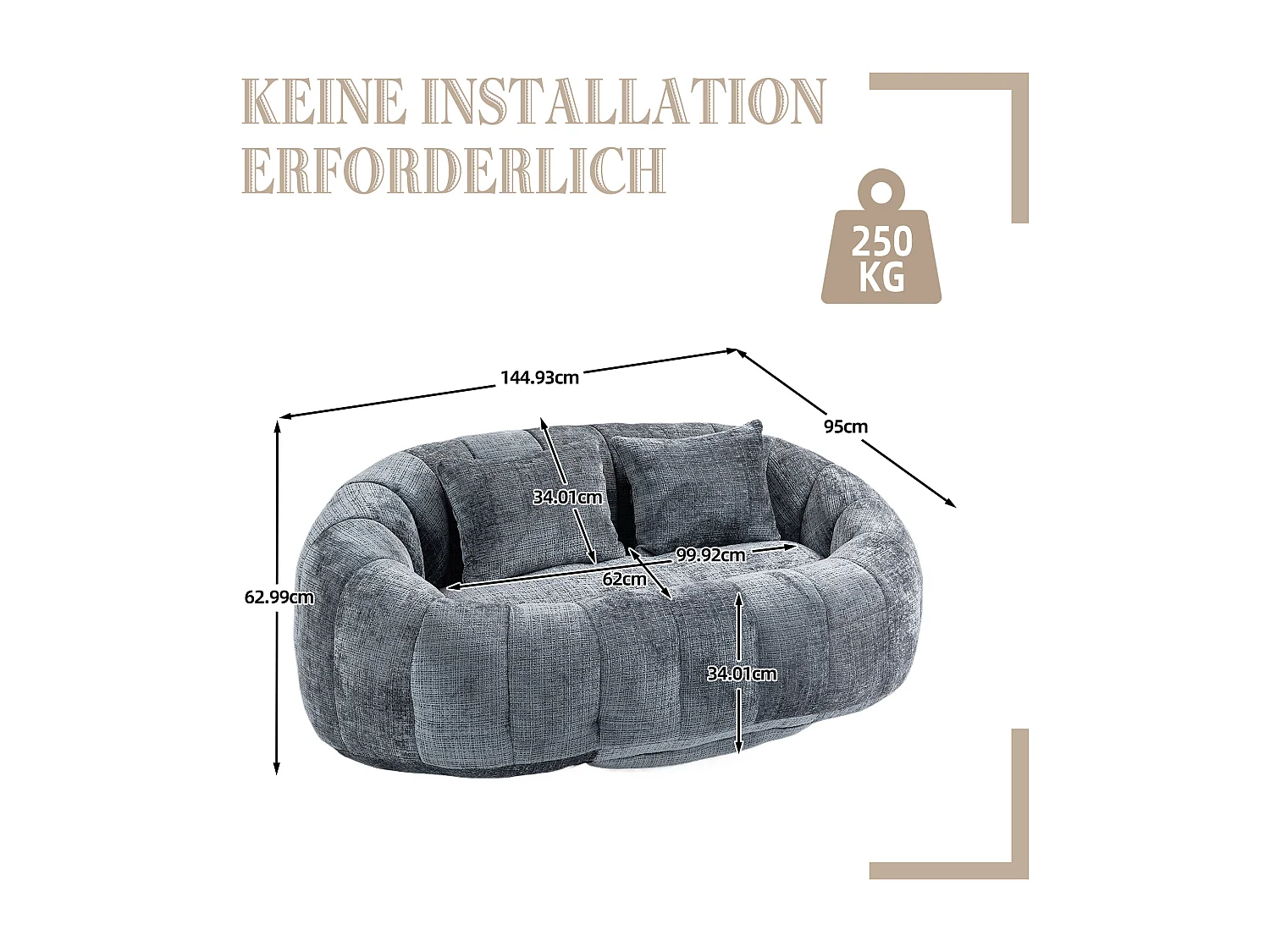 Canapé 2 places avec coussin - Canapé pour adultes et enfants- Tissu chenille gris