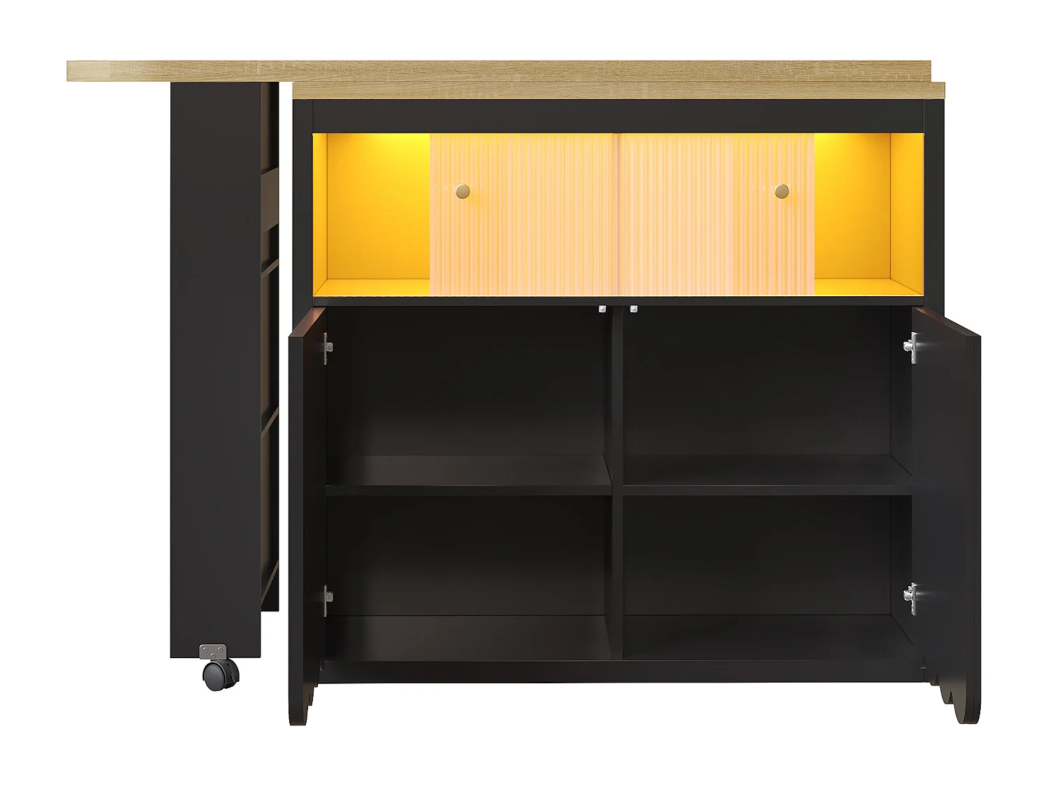 Meuble de bar pivotante avec LED, 2 portes coulissantes en verre et 2 portes - Porte rayée noire