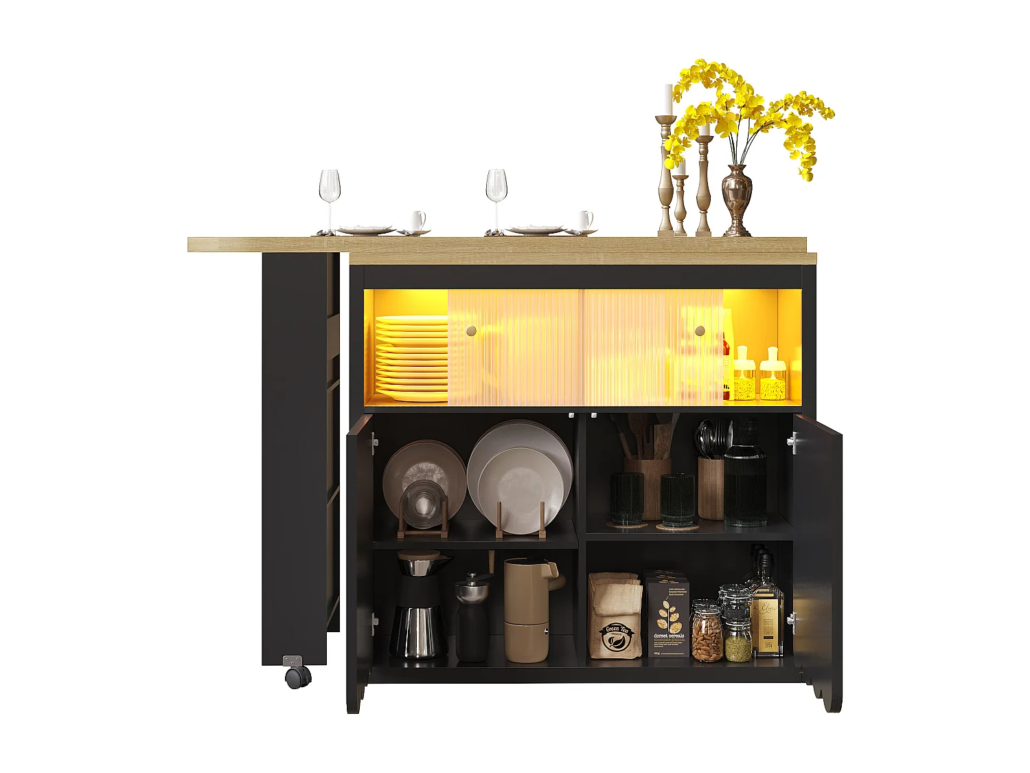 Meuble de bar pivotante avec LED, 2 portes coulissantes en verre et 2 portes - Porte rayée noire