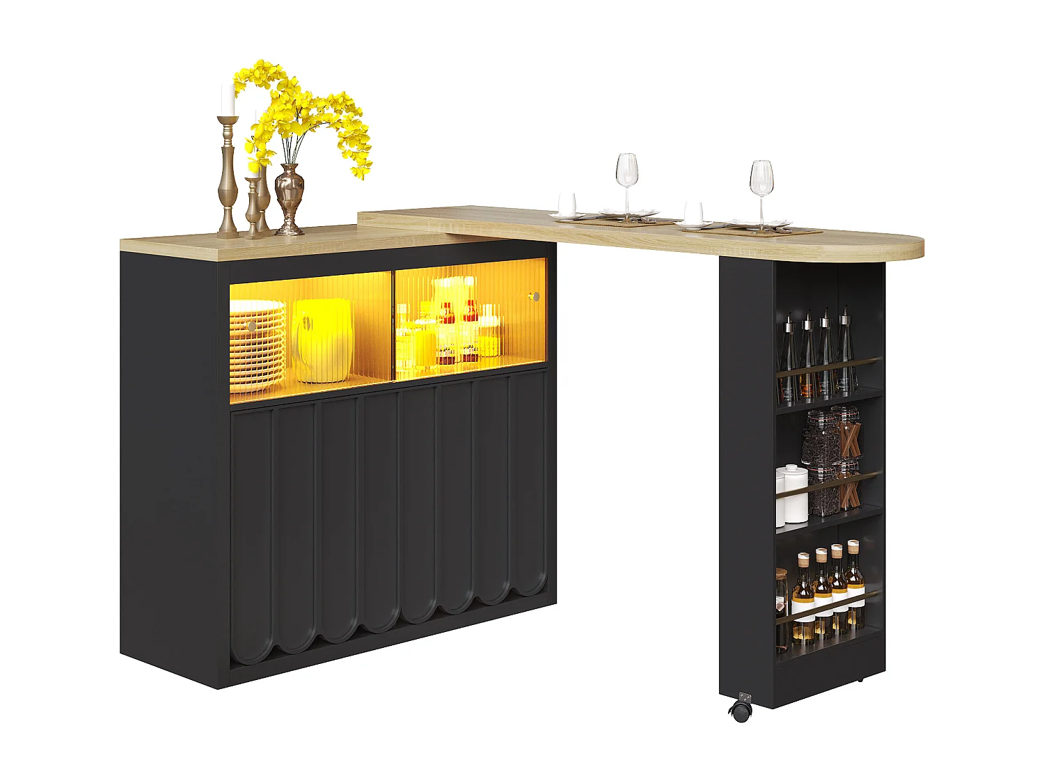 Meuble de bar pivotante avec LED, 2 portes coulissantes en verre et 2 portes - Porte rayée noire