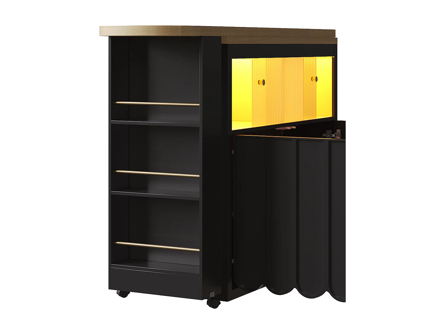 Meuble de bar pivotante avec LED, 2 portes coulissantes en verre et 2 portes - Porte rayée noire