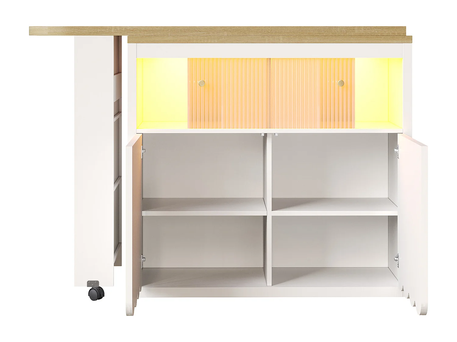 Meuble de bar pivotante avec LED, 2 portes coulissantes en verre et 2 portes - Porte rayée blanc