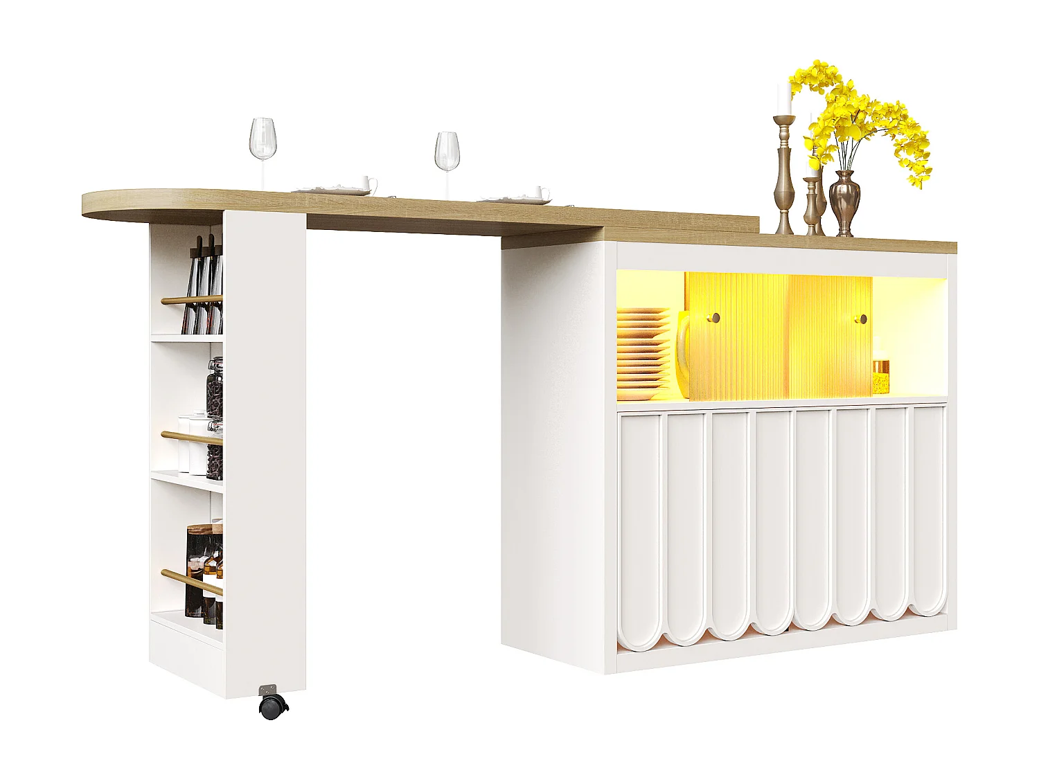 Meuble de bar pivotante avec LED, 2 portes coulissantes en verre et 2 portes - Porte rayée blanc