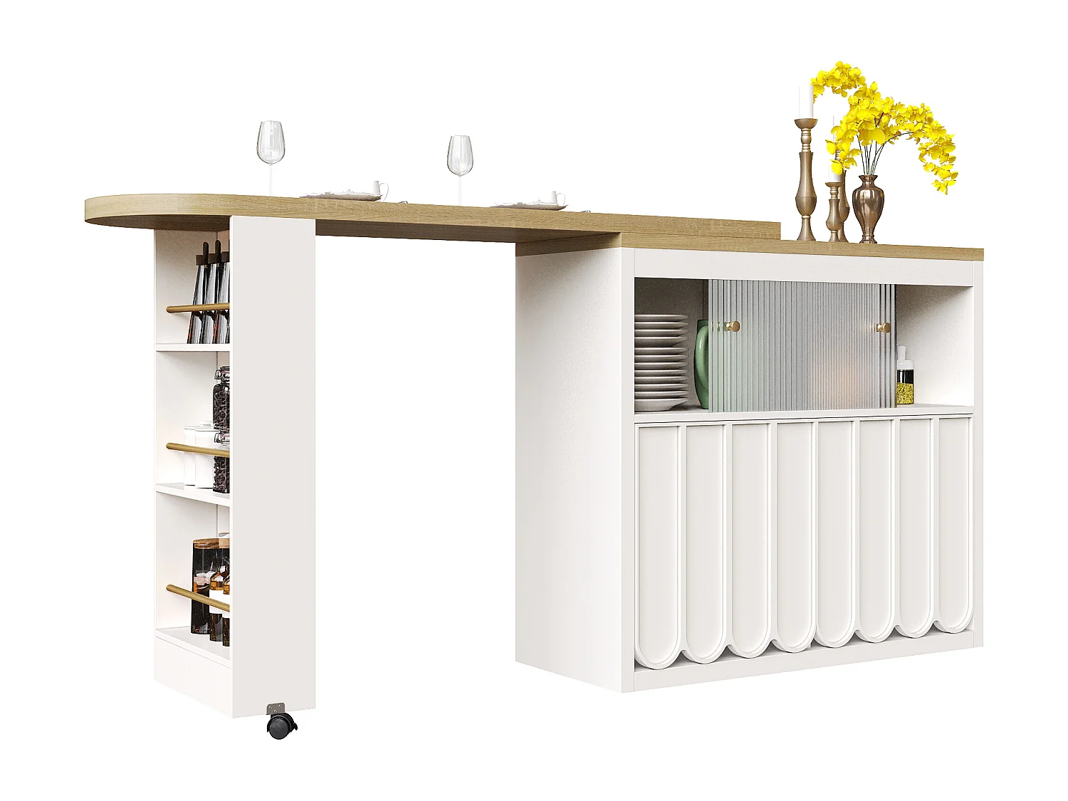 Meuble de bar pivotante avec LED, 2 portes coulissantes en verre et 2 portes - Porte rayée blanc