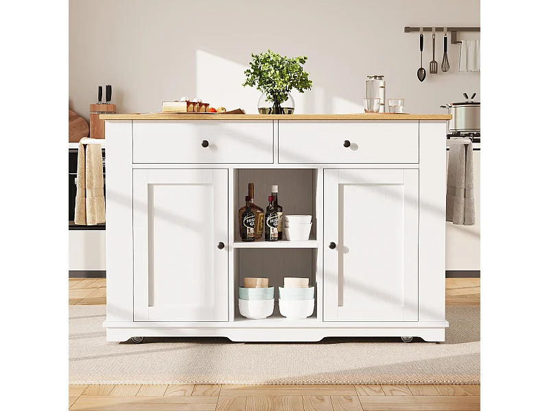 Isola cucina con ruote, presa di corrente, 2 cassetti e 2 ante - Bianco e naturale