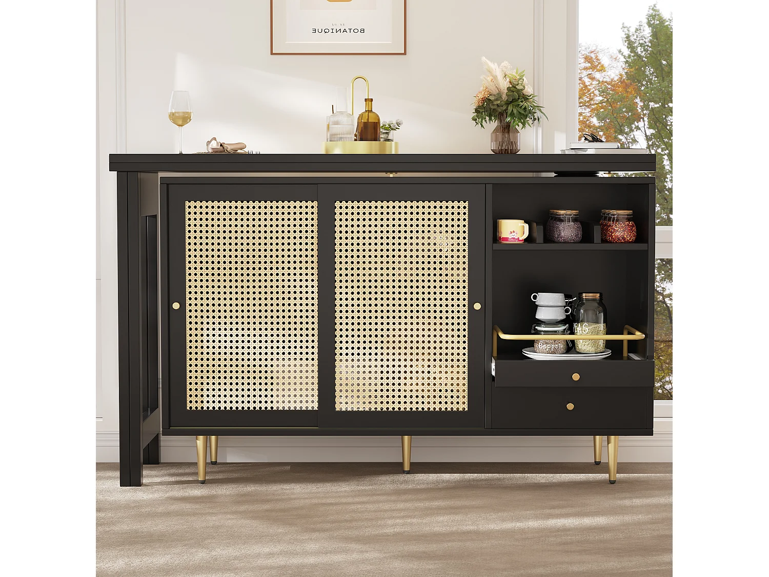 Meuble de bar pivotante avec 2 portes coulissantes en rotin et tiroir - Noir