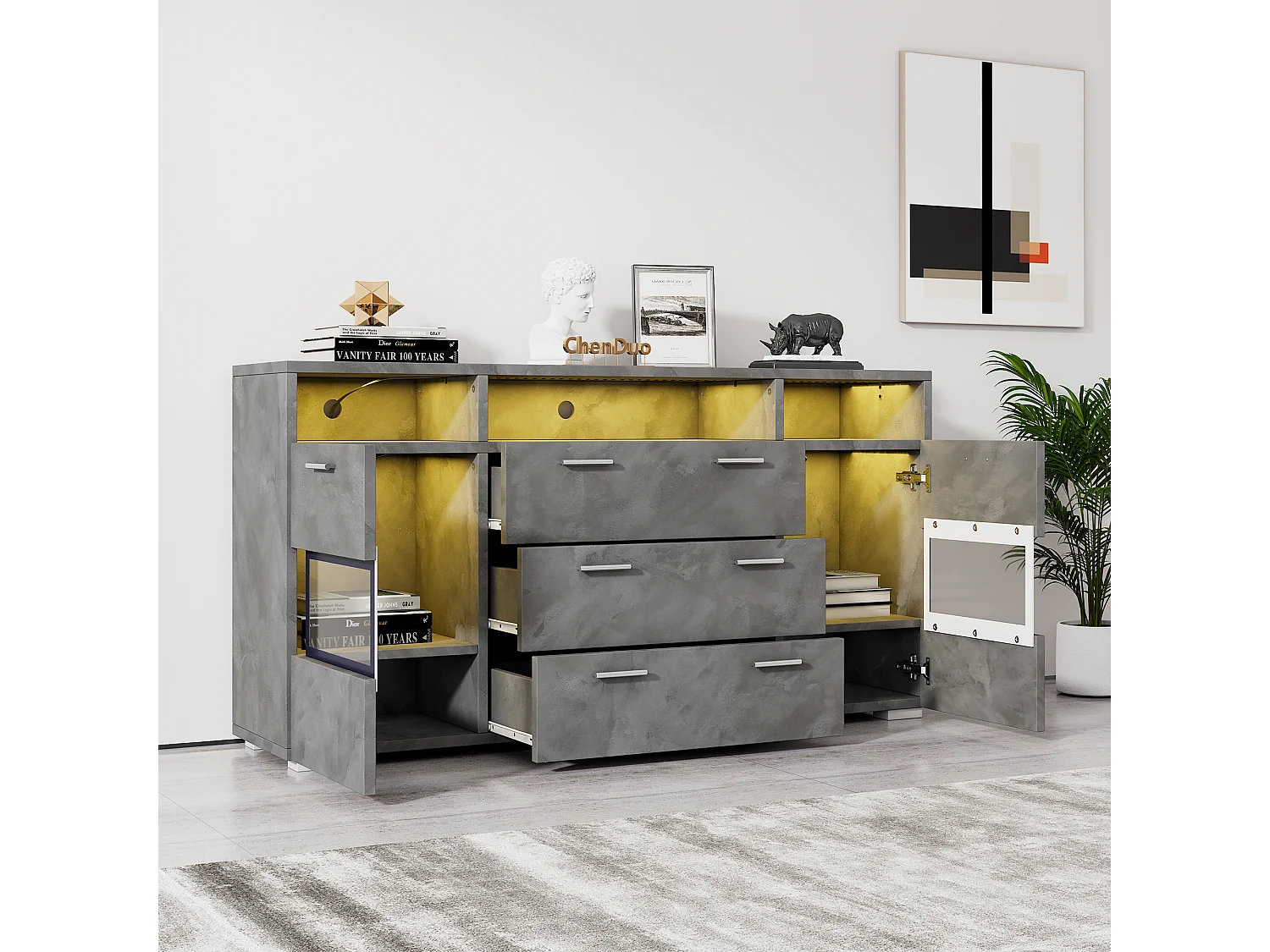 Buffet avec LED ,2 porte en acrylique et 3 tiroirs - Gris