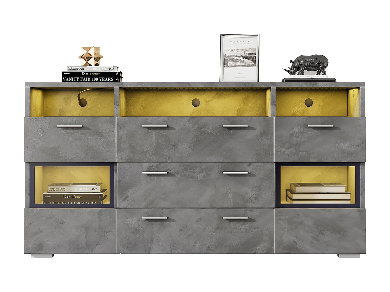 Buffet avec LED ,2 porte en acrylique et 3 tiroirs - Gris