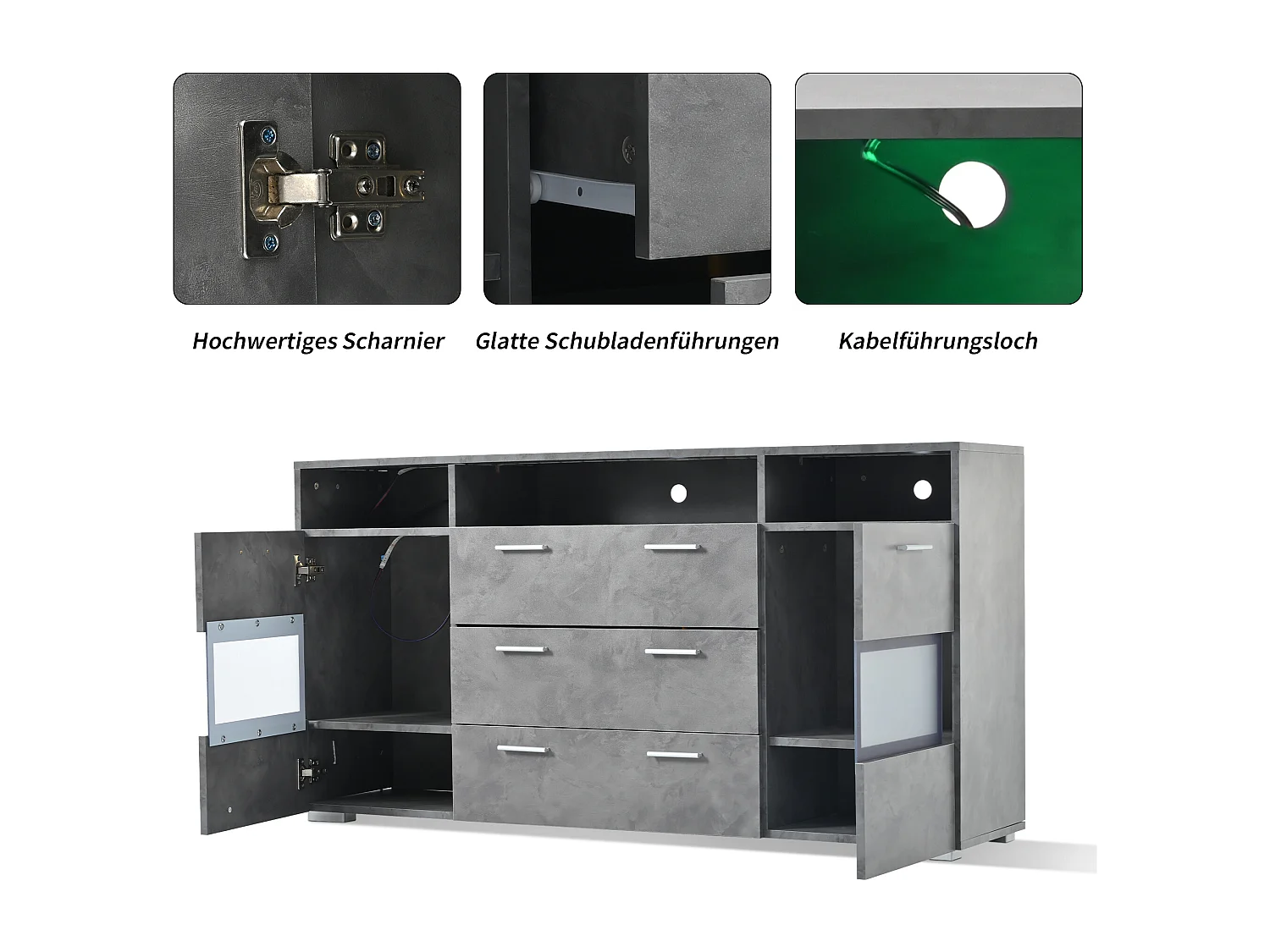 Buffet avec LED ,2 porte en acrylique et 3 tiroirs - Gris