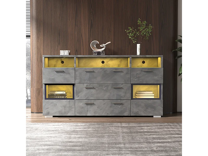 Buffet avec LED ,2 porte en acrylique et 3 tiroirs - Gris