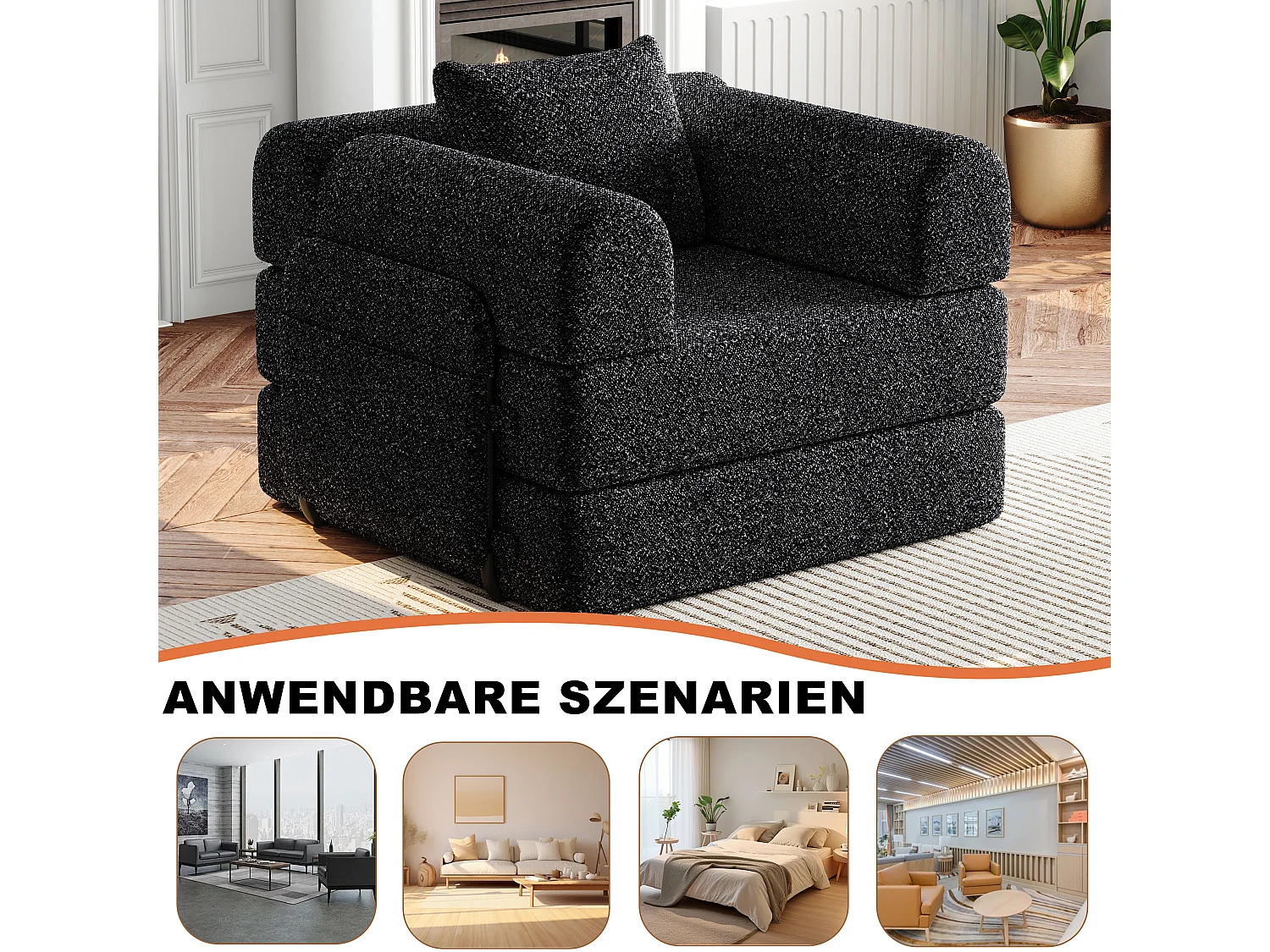 Divano letto trasformabile - Posto singolo - Tessuto ciniglia nero