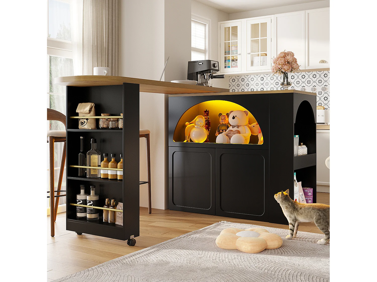 Meuble de bar pivotante avec LED et 2 portes - Porte cintrée noire