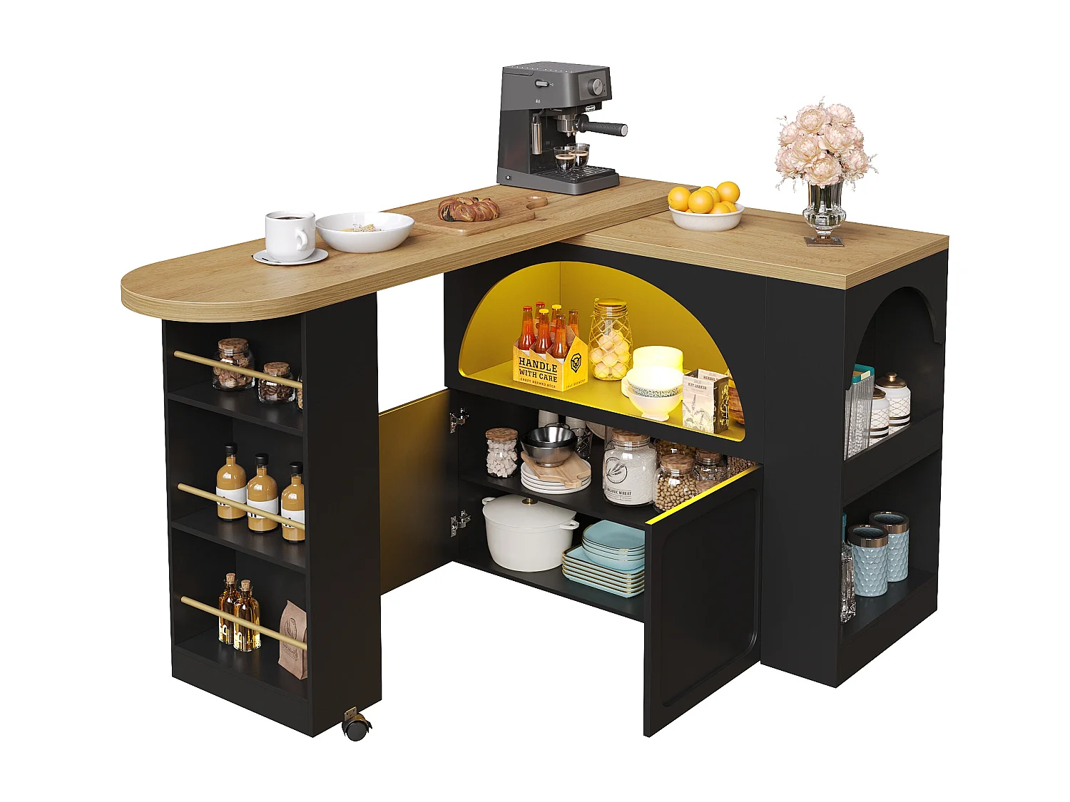 Meuble de bar pivotante avec LED et 2 portes - Porte cintrée noire