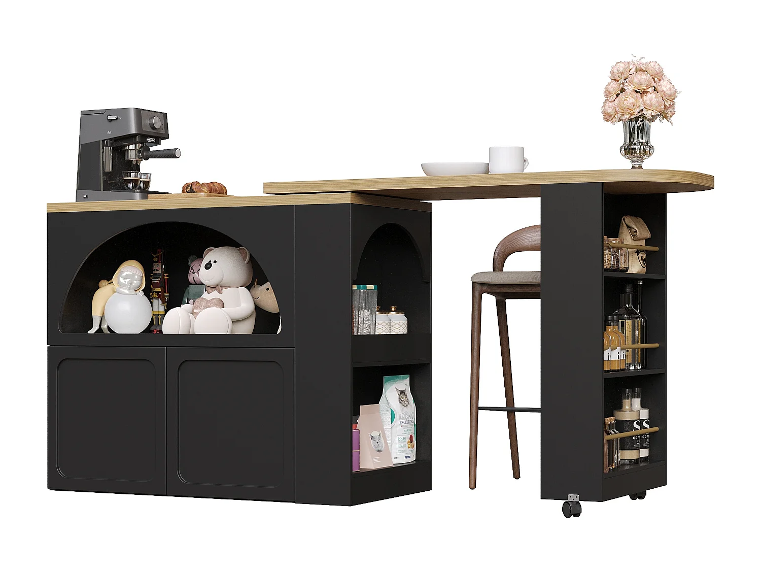 Meuble de bar pivotante avec LED et 2 portes - Porte cintrée noire