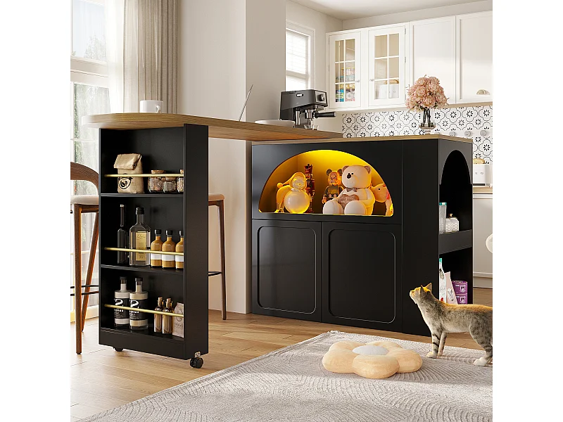 Meuble de bar pivotante avec LED et 2 portes - Porte cintrée noire