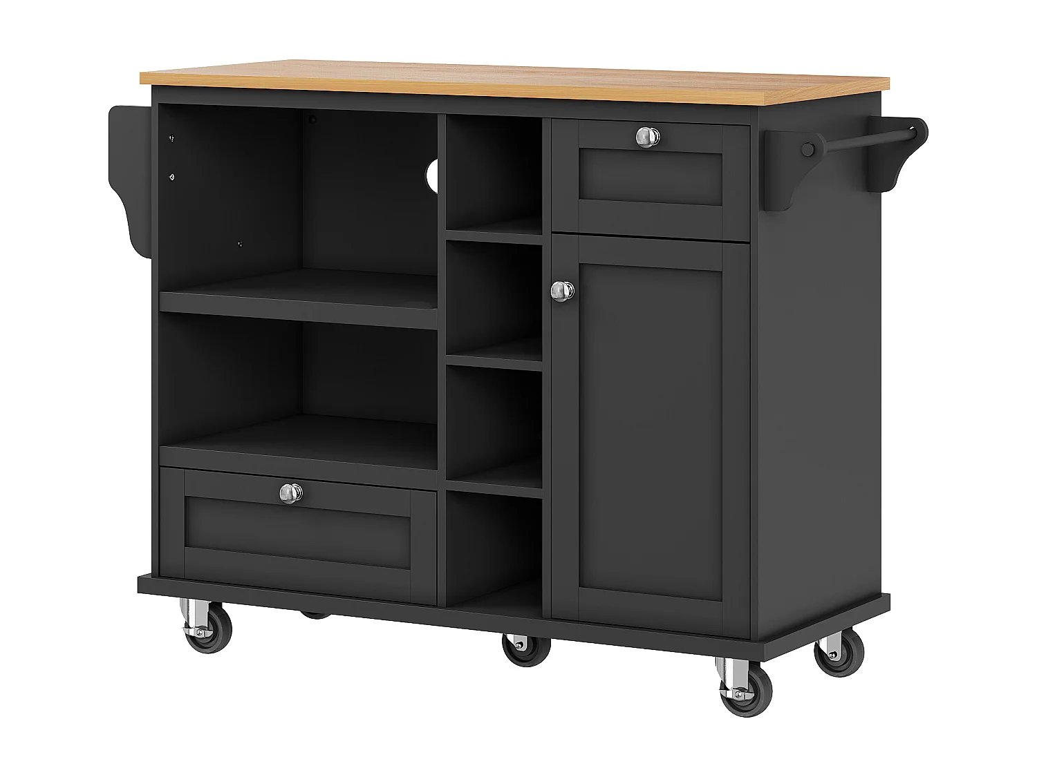 Isola cucina con ruote, anta e 2 cassetti - piano effetto legno - Nero