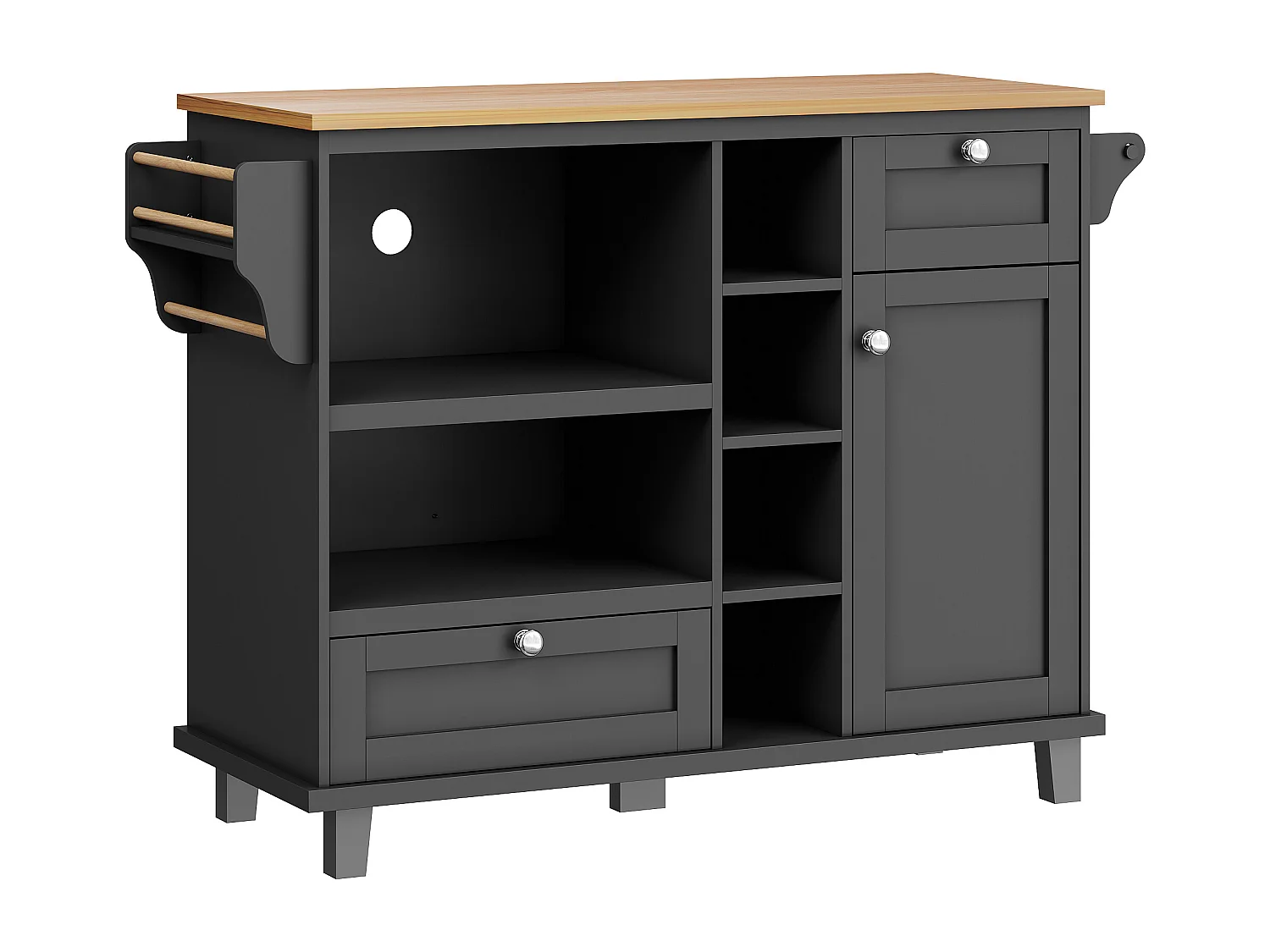 Isola cucina con ruote, anta e 2 cassetti - piano effetto legno - Nero