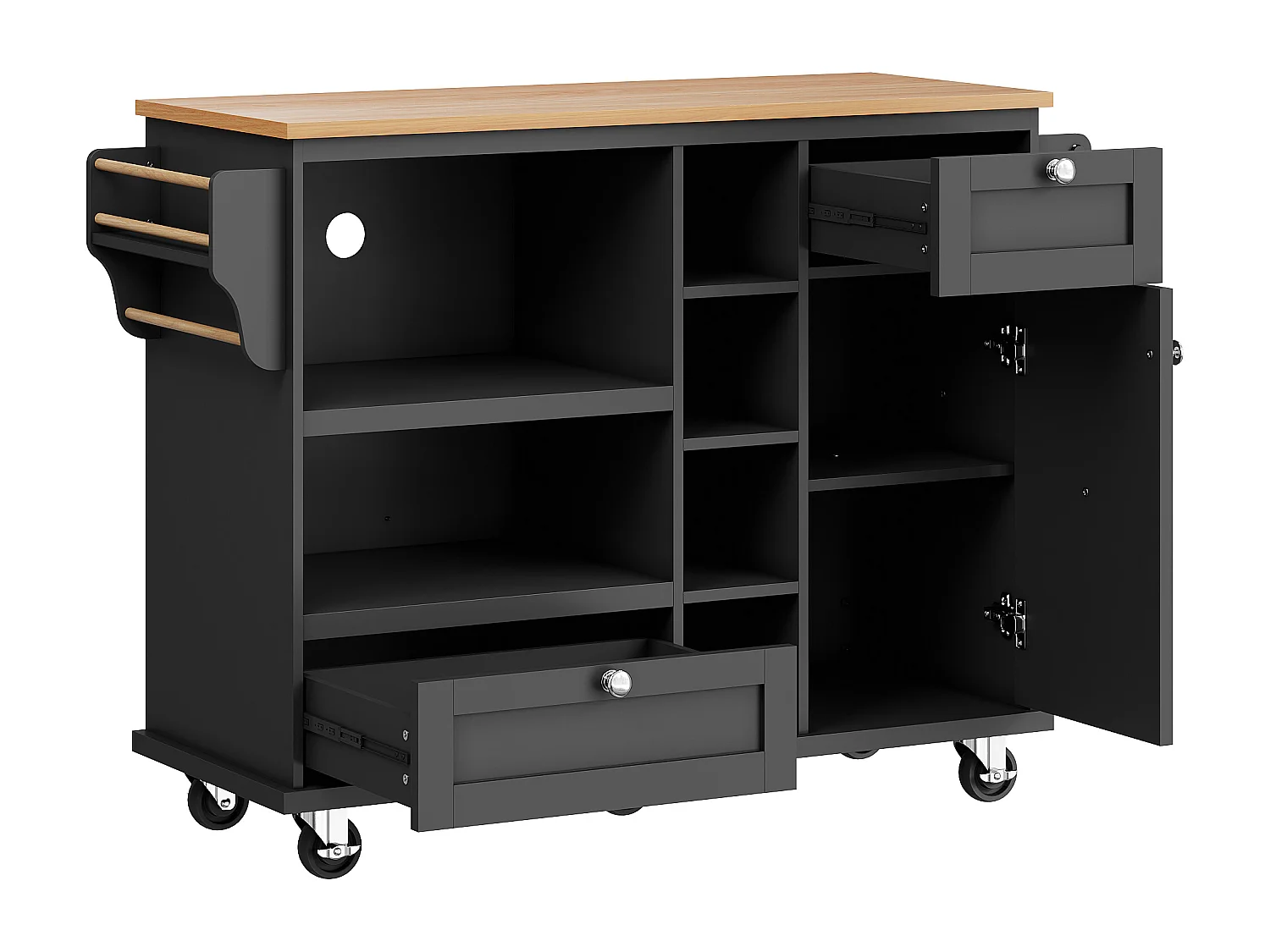 Isola cucina con ruote, anta e 2 cassetti - piano effetto legno - Nero