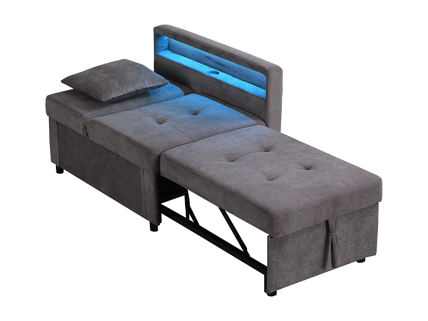 Fauteuil convertible avec LED,USB , Type-C et soutien lombaire - Canapé-lit multifonctionnel -Tissu lin gris foncé
