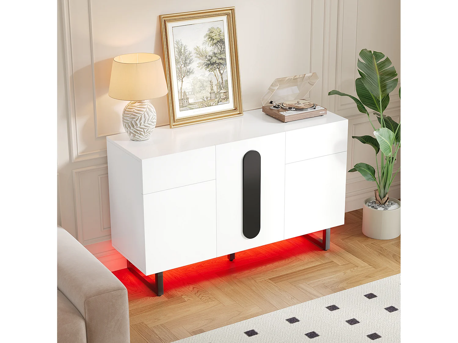 Credenza con illuminazione a LED, 3 ante e 2 cassetti - Gambe in metallo - Bianco