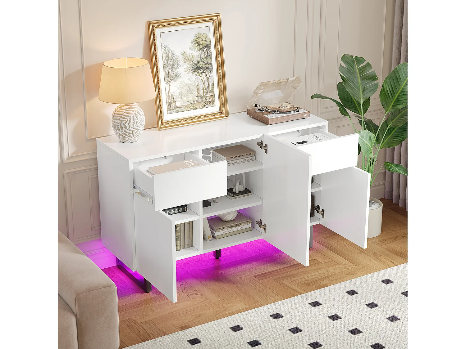 Credenza con illuminazione a LED, 3 ante e 2 cassetti - Gambe in metallo - Bianco
