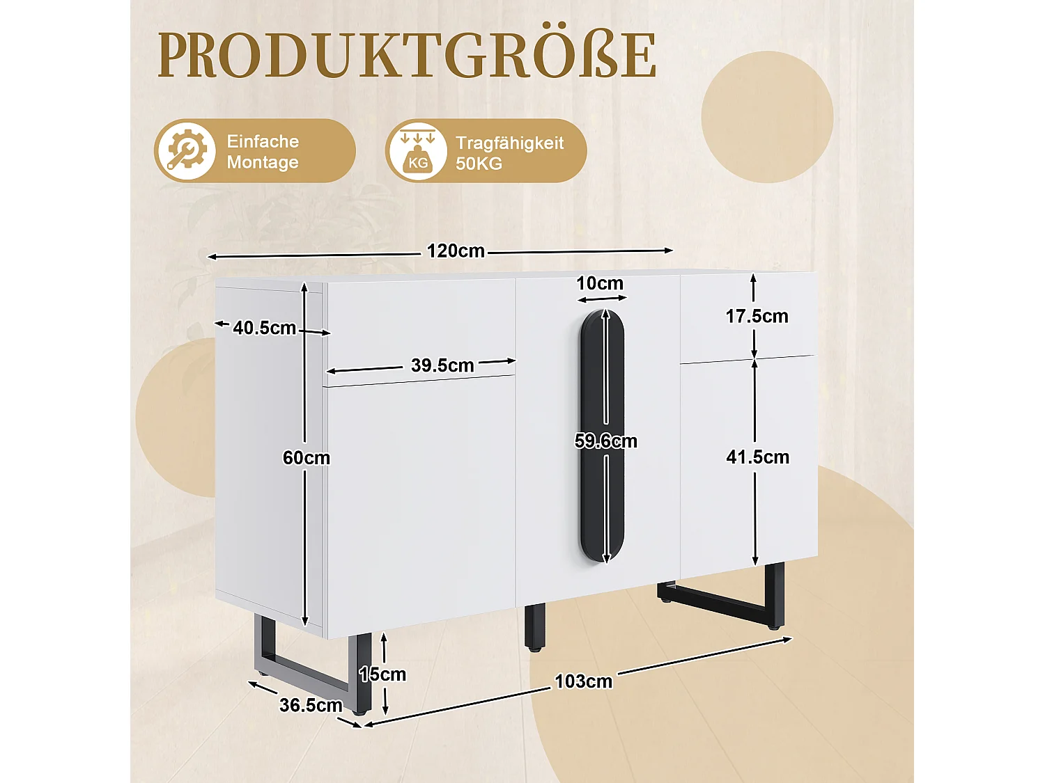 Credenza con illuminazione a LED, 3 ante e 2 cassetti - Gambe in metallo - Bianco