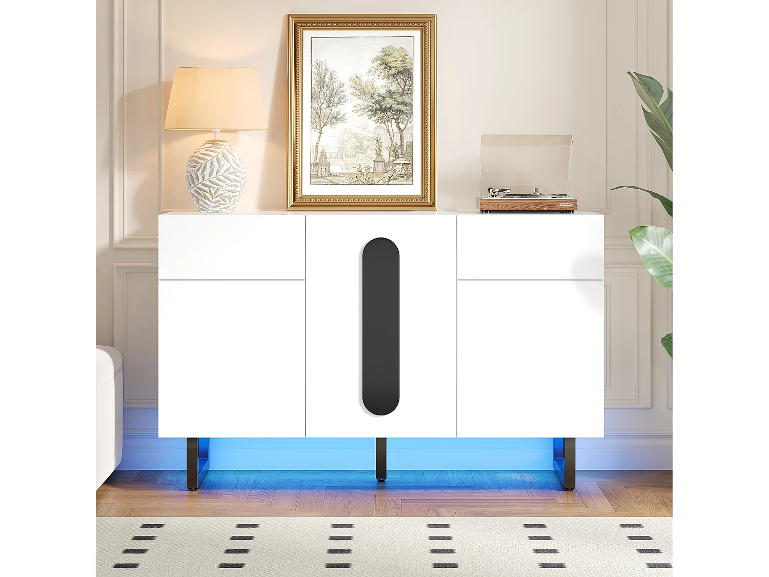 Credenza con illuminazione a LED, 3 ante e 2 cassetti - Gambe in metallo - Bianco