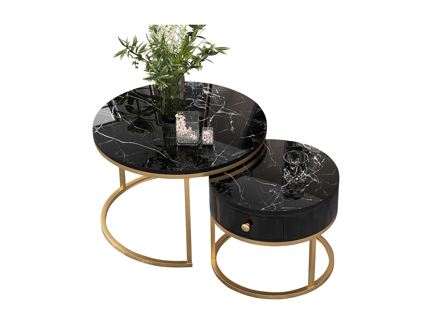 Tavolini da caffè impilabili con cassetto - Effetto marmo nero - Struttura in metallo dorato