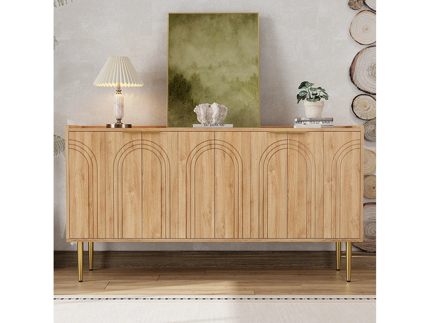 Buffet avec 4 portes - Pieds en métal doré - Naturel 140x38x75cm