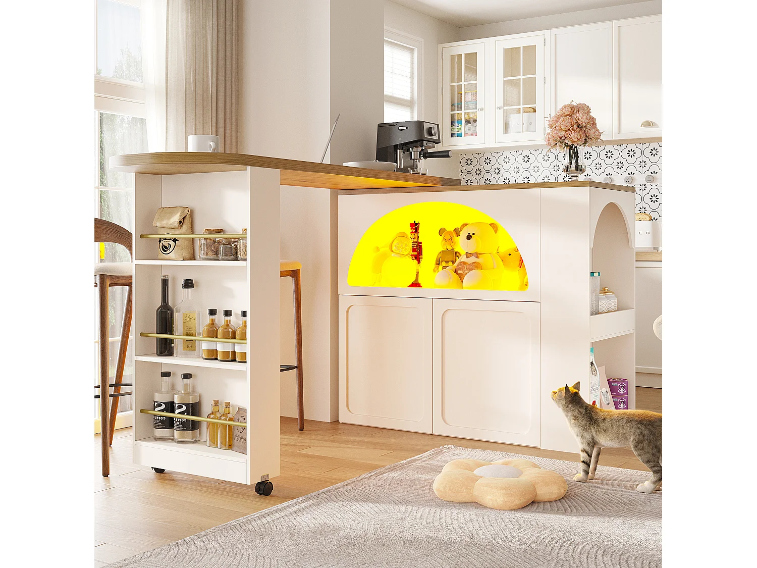 Meuble de bar pivotante avec LED et 2 portes - Porte cintrée blanche