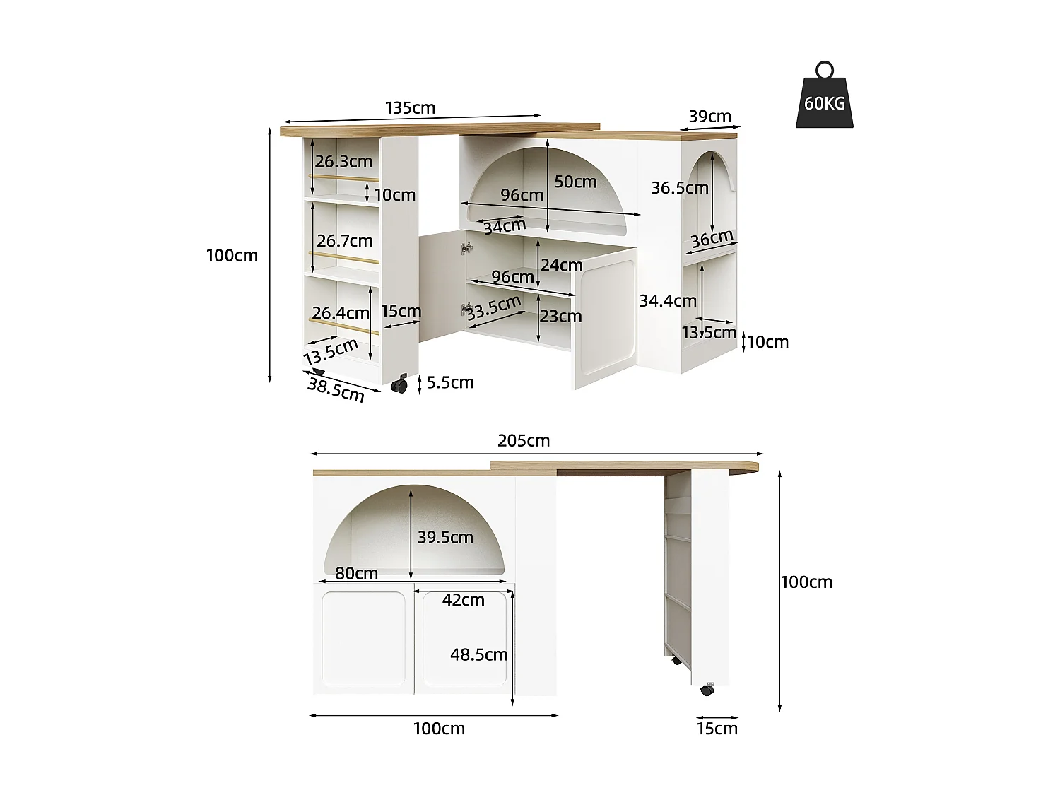 Meuble de bar pivotante avec LED et 2 portes - Porte cintrée blanche