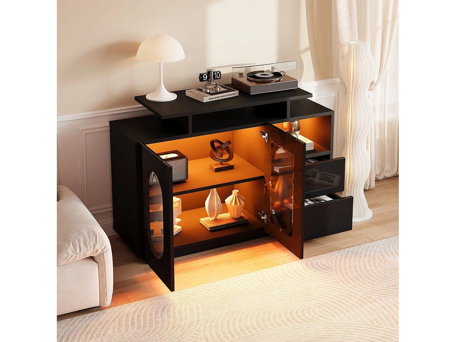 Buffet avec LED , 2 portes ovale en verre et 2 tiroirs - Finition brillant - Noir
