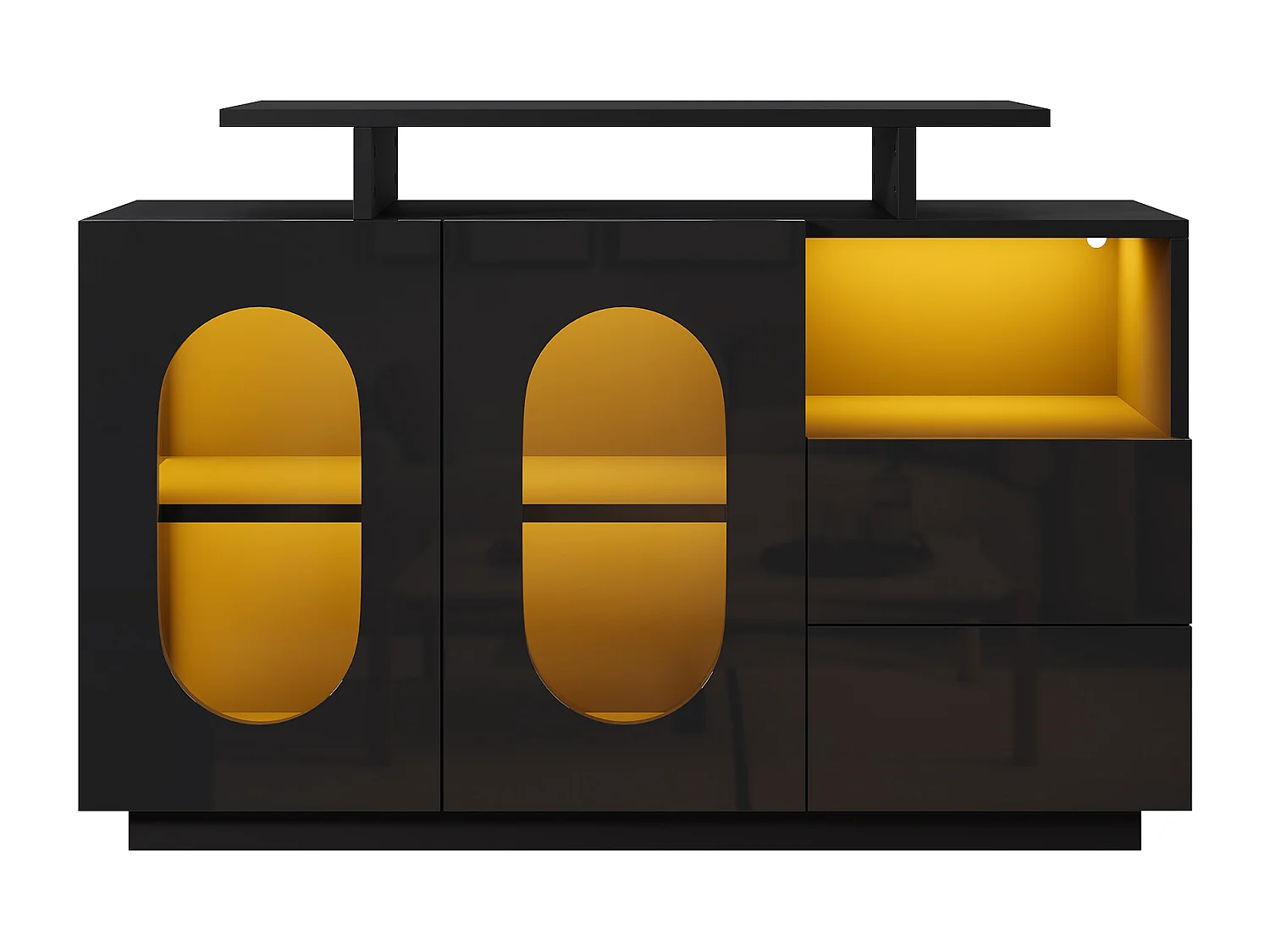 Buffet avec LED , 2 portes ovale en verre et 2 tiroirs - Finition brillant - Noir