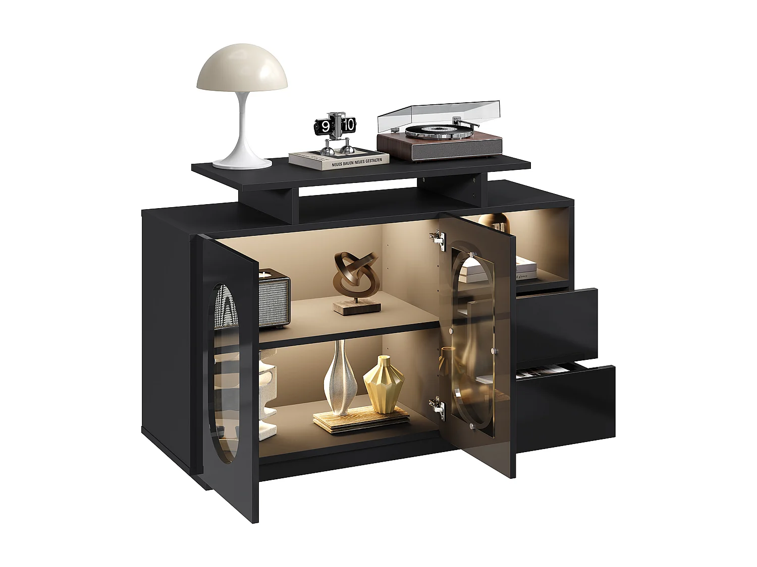 Buffet avec LED , 2 portes ovale en verre et 2 tiroirs - Finition brillant - Noir