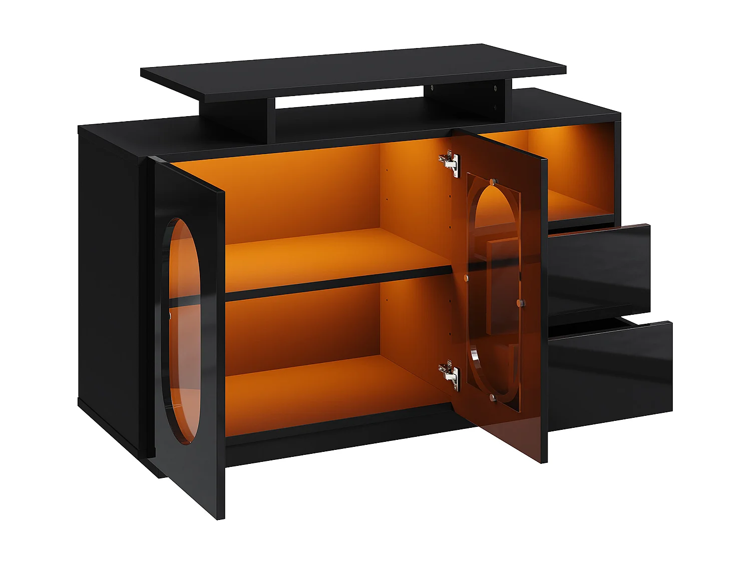 Buffet avec LED , 2 portes ovale en verre et 2 tiroirs - Finition brillant - Noir