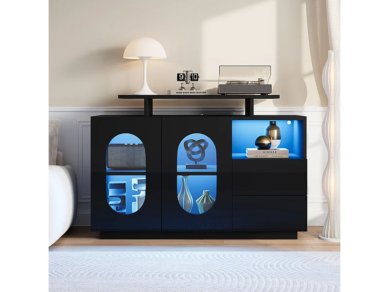 Buffet avec LED , 2 portes ovale en verre et 2 tiroirs - Finition brillant - Noir