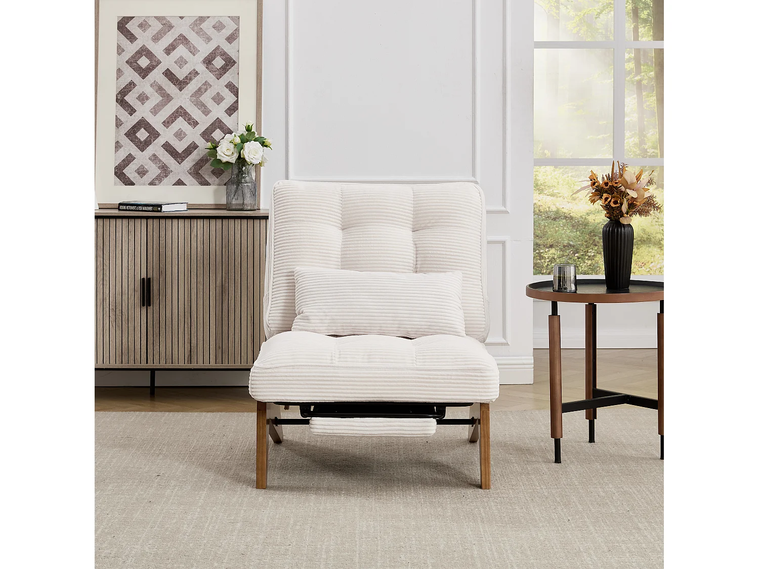 Converteerbare fauteuil met voetenbank en lendenkussen - Houten poten - Beige stof