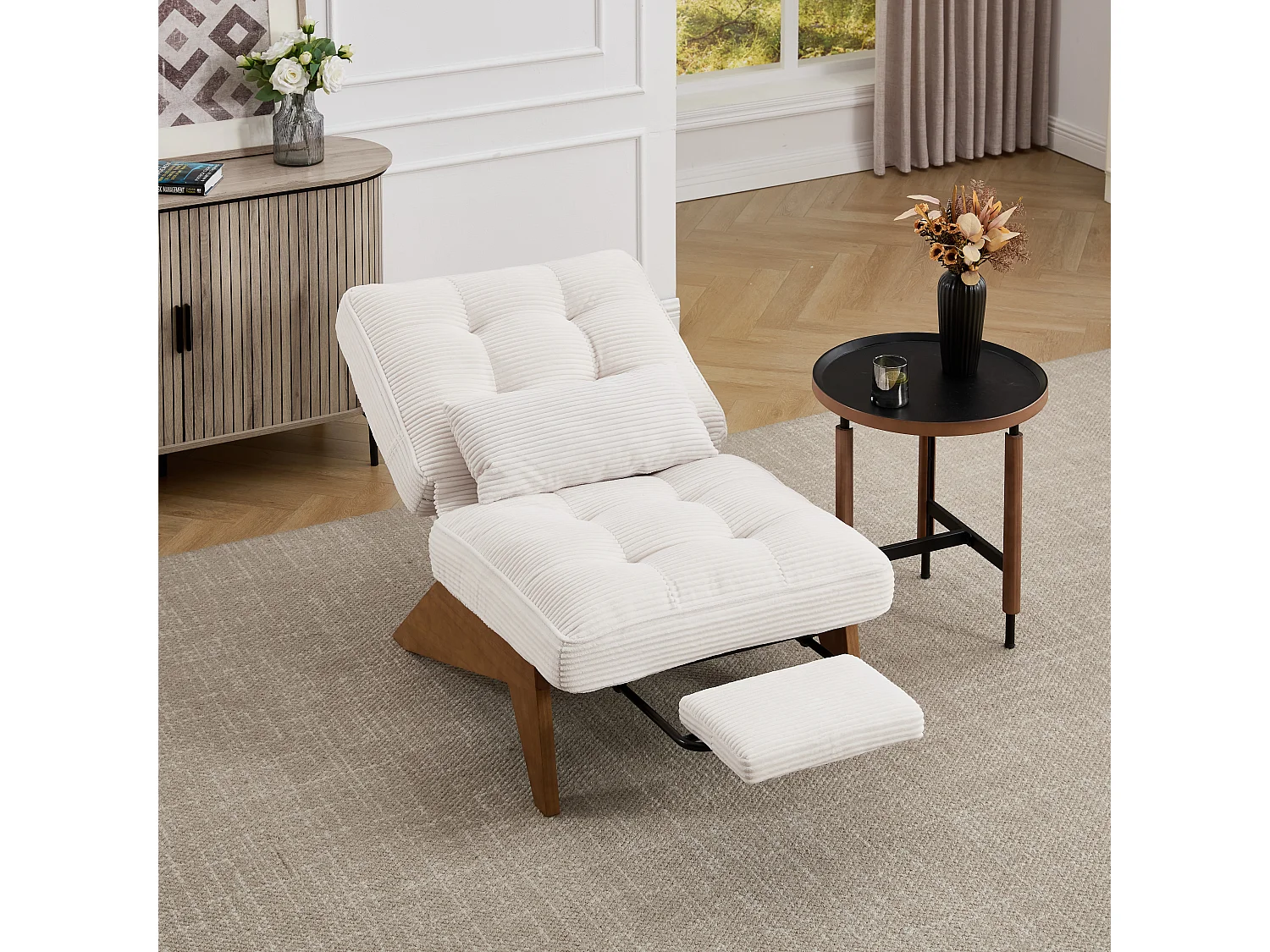 Converteerbare fauteuil met voetenbank en lendenkussen - Houten poten - Beige stof