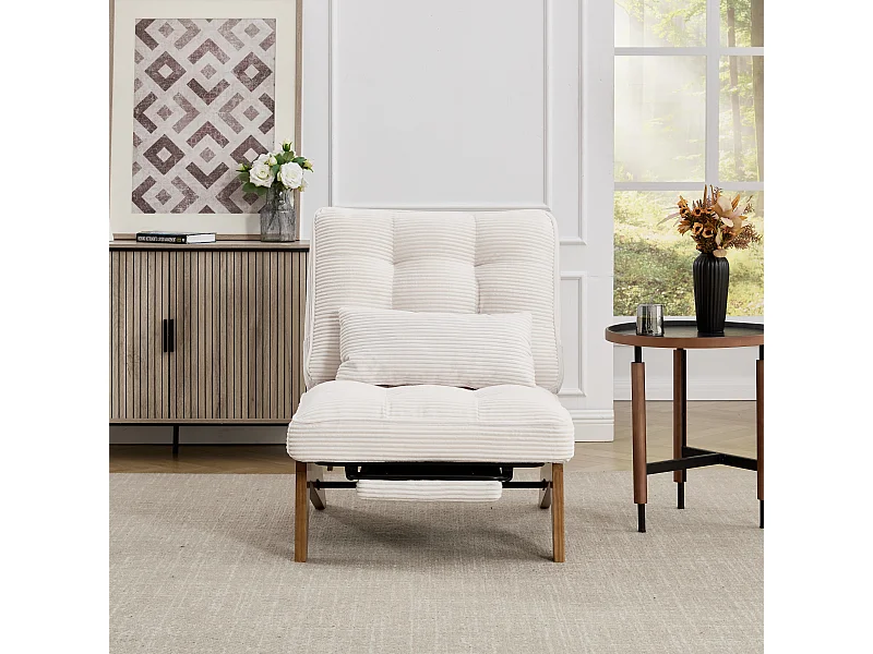 Fauteuil convertible avec repose-pieds, coussin lombaire - Pieds en bois - Tissu beige