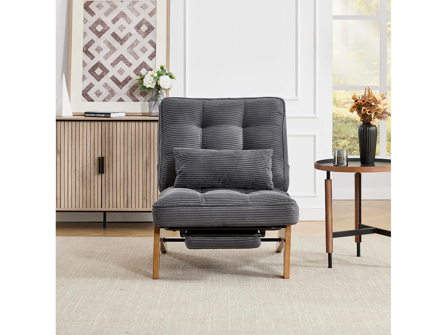 Converteerbare fauteuil met voetenbank en lendenkussen - Houten poten - Donkergrijze stof