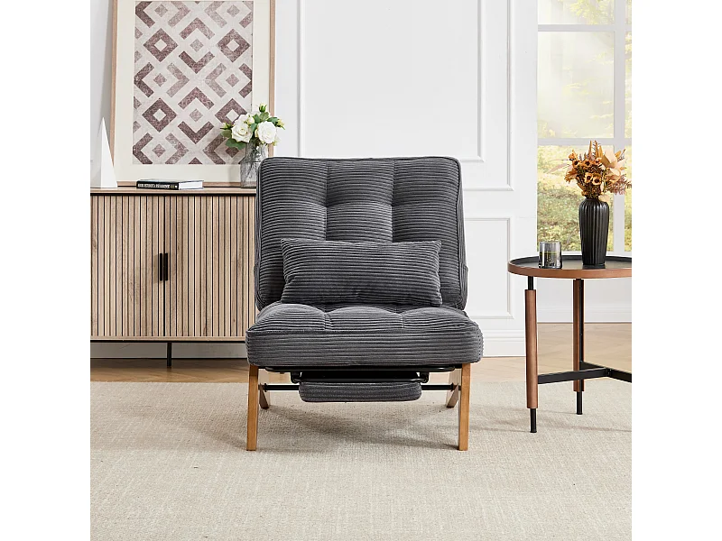 Converteerbare fauteuil met voetenbank en lendenkussen - Houten poten - Donkergrijze stof