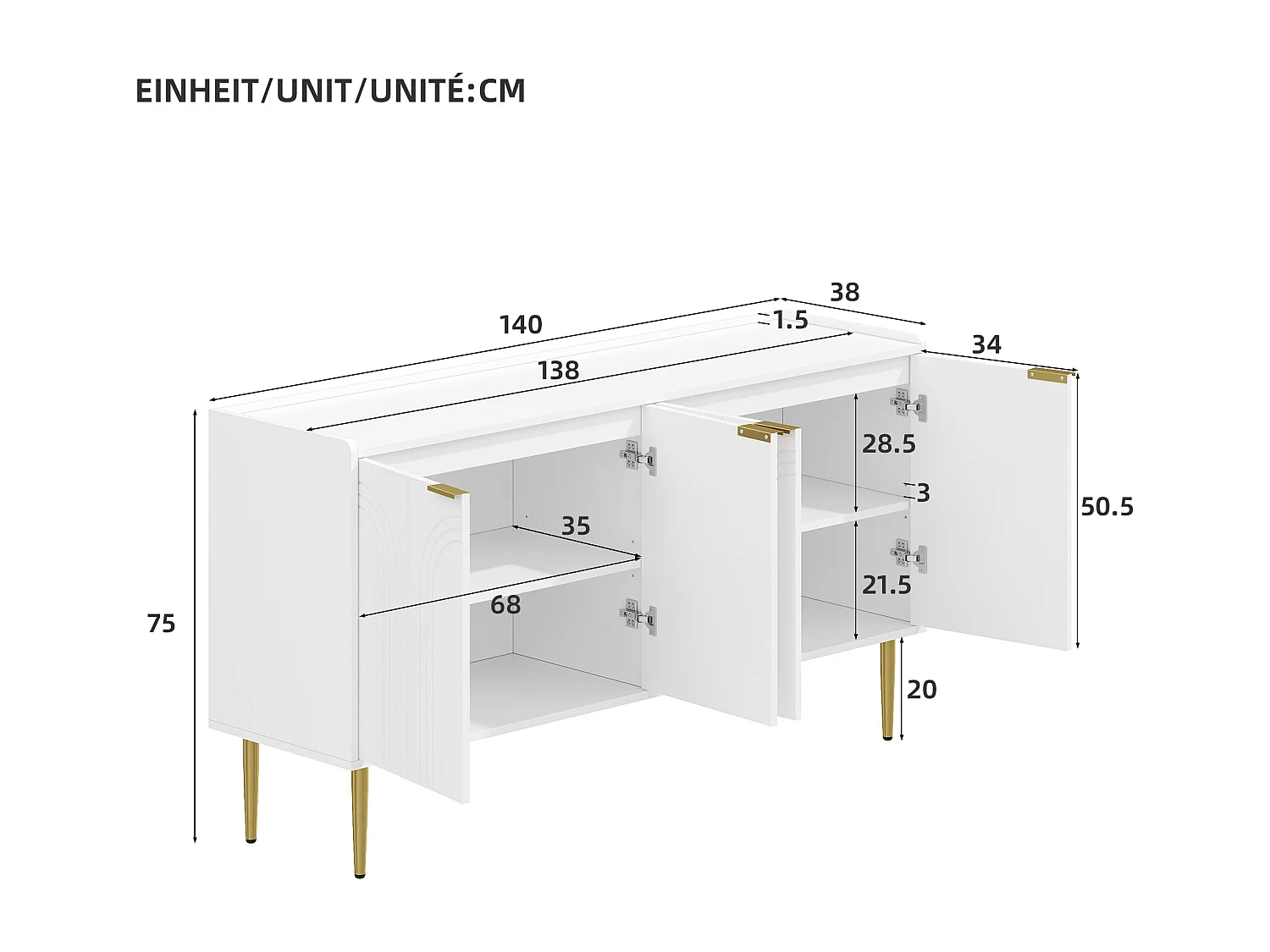 Buffet avec 4 portes -Pieds en métal doré - Blanc 140x38x75cm