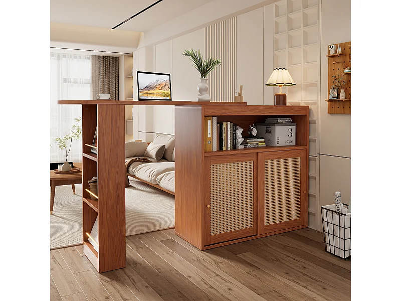 Draaibare barkast met 2 schuifdeuren van rotan - Bruin 138-193×39×104cm